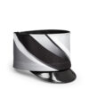 black and silver printed hat wrap on a marching band hat frame