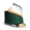 green, gold, and white printed hat wrap on a marching band hat frame